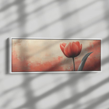 Minimalist Single Stem Floral Artwork Tulip Minimal Details Matte Beige Background Ultra High Definition Clean Modern Design Panoramic Framed Canvas Wall Art - Awakening Righteousness