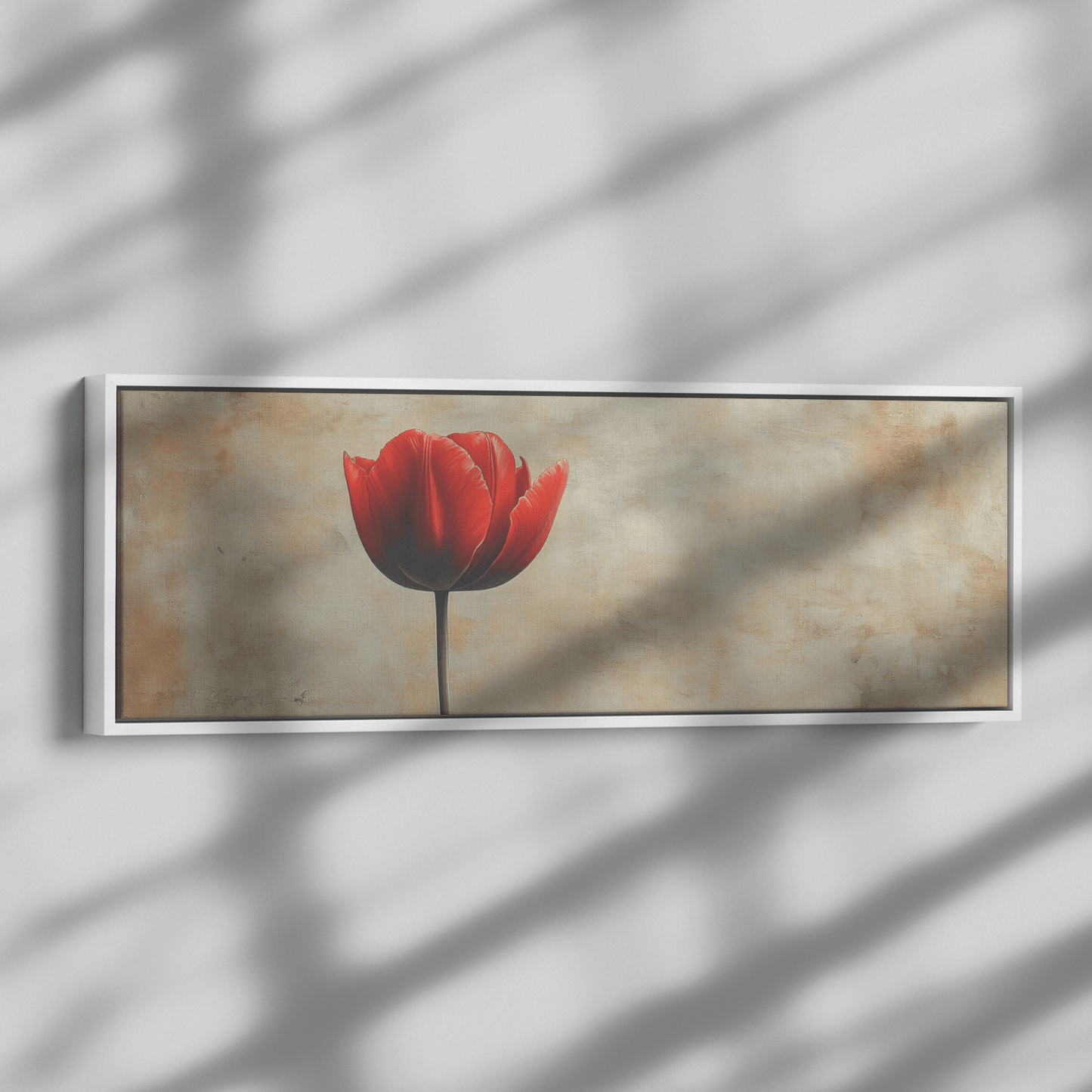 Minimalist Single Stem Floral Artwork Tulip Minimal Details Matte Beige Background Ultra High Definition Clean Modern Design Panoramic Framed Canvas Wall Art - Awakening Righteousness