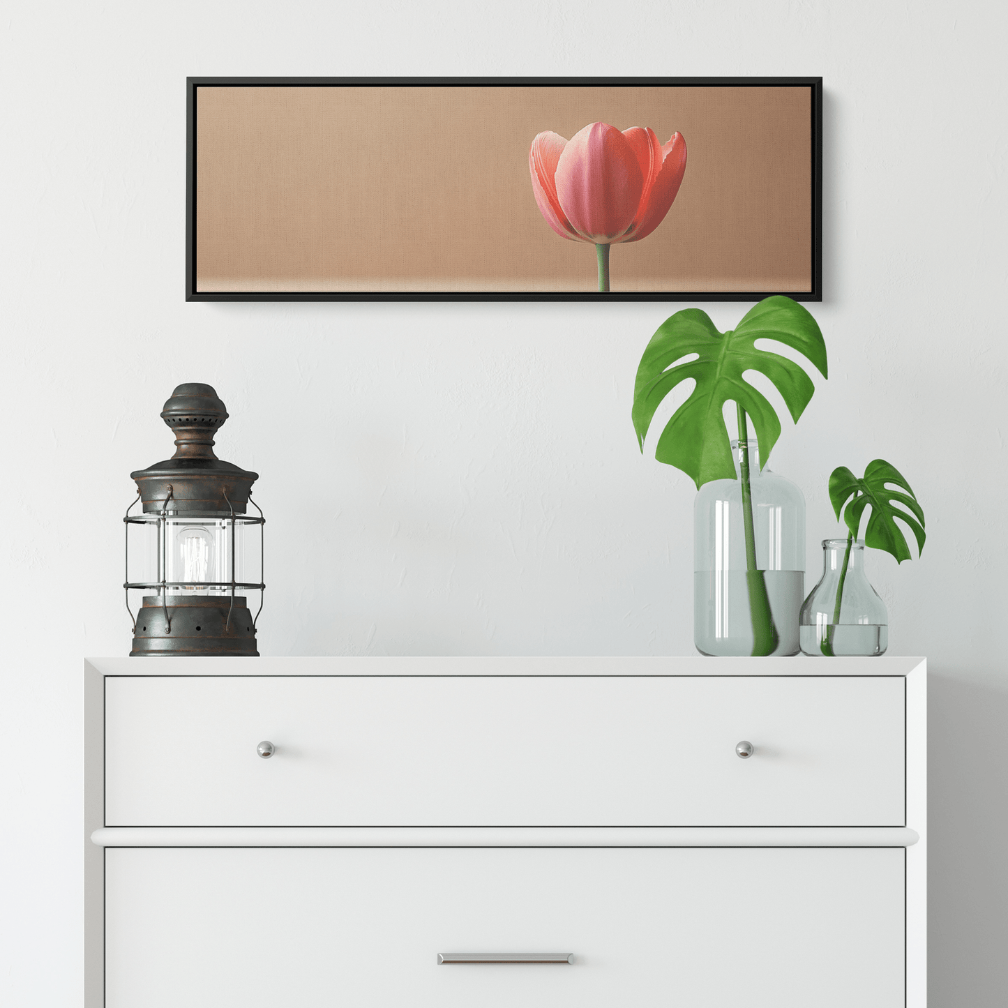 Minimalist Single Stem Floral Artwork Tulip Minimal Details Matte Beige Background Ultra High Definition Clean Modern Design Panoramic Framed Canvas Wall Art - Awakening Righteousness
