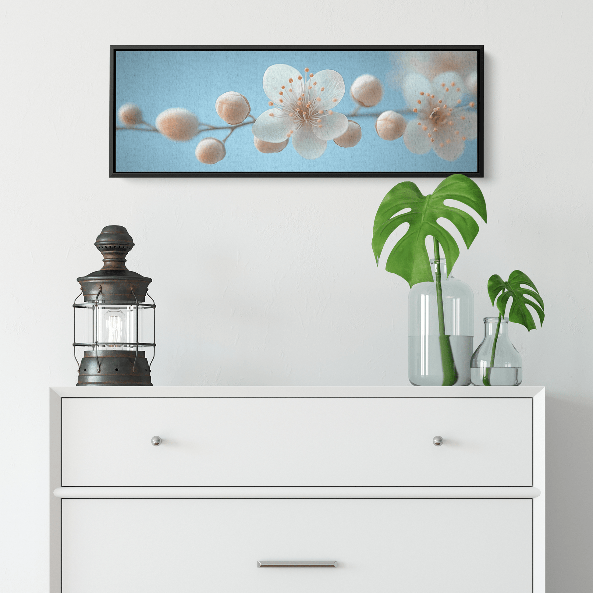 Minimalist Single Stem Floral Artwork Wildflower Soft Shading Light Blue Background Ultra High Definition Delicate Simplicity Panoramic Framed Canvas Wall Art - Awakening Righteousness