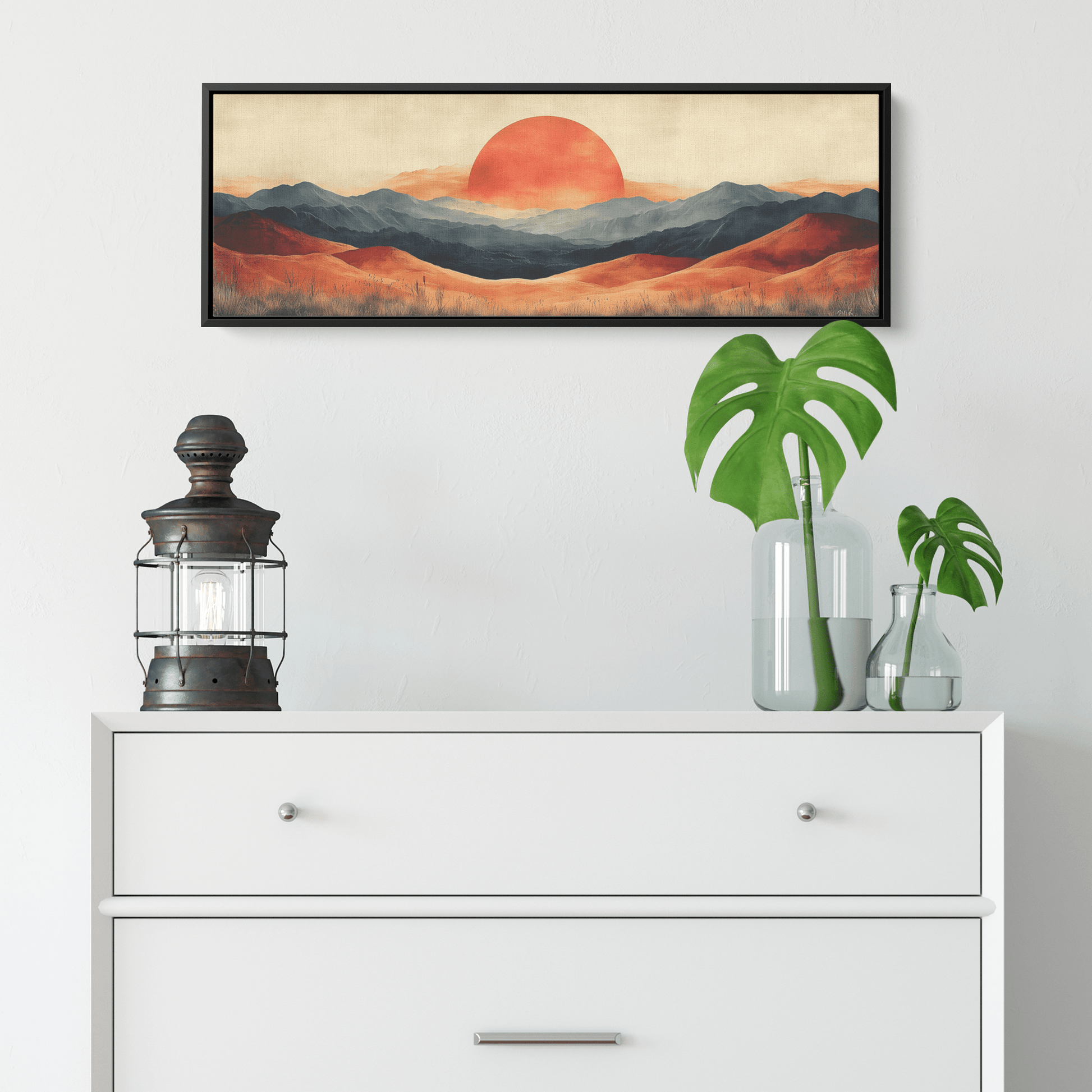 Minimalist Sunburst Design Crescent Arches Warm Beige Terracotta Tones Ultra High Definition Boho Modern Aesthetic Panoramic Framed Canvas Wall Art - Awakening Righteousness
