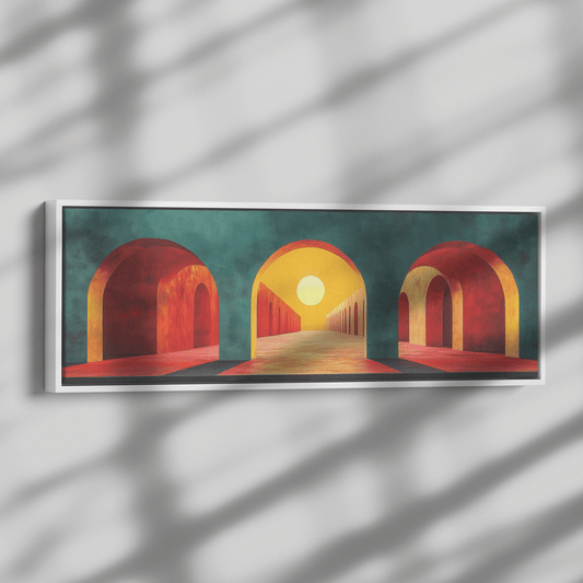 Modern Arches Sunburst Pastel Earth Tones Artwork For Contemporary Home Office Decor Panoramic Framed Canvas Wall Art - Awakening Righteousness