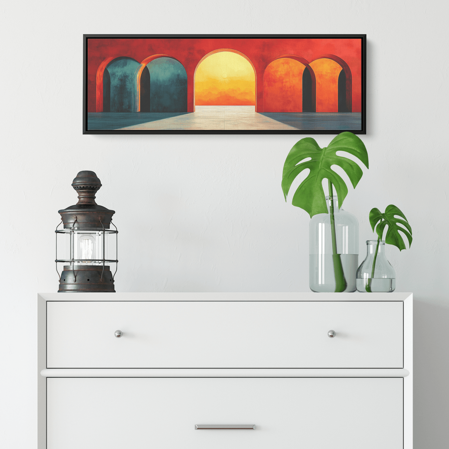 Modern Arches Sunburst Pastel Earth Tones Artwork For Contemporary Home Office Decor Panoramic Framed Canvas Wall Art - Awakening Righteousness