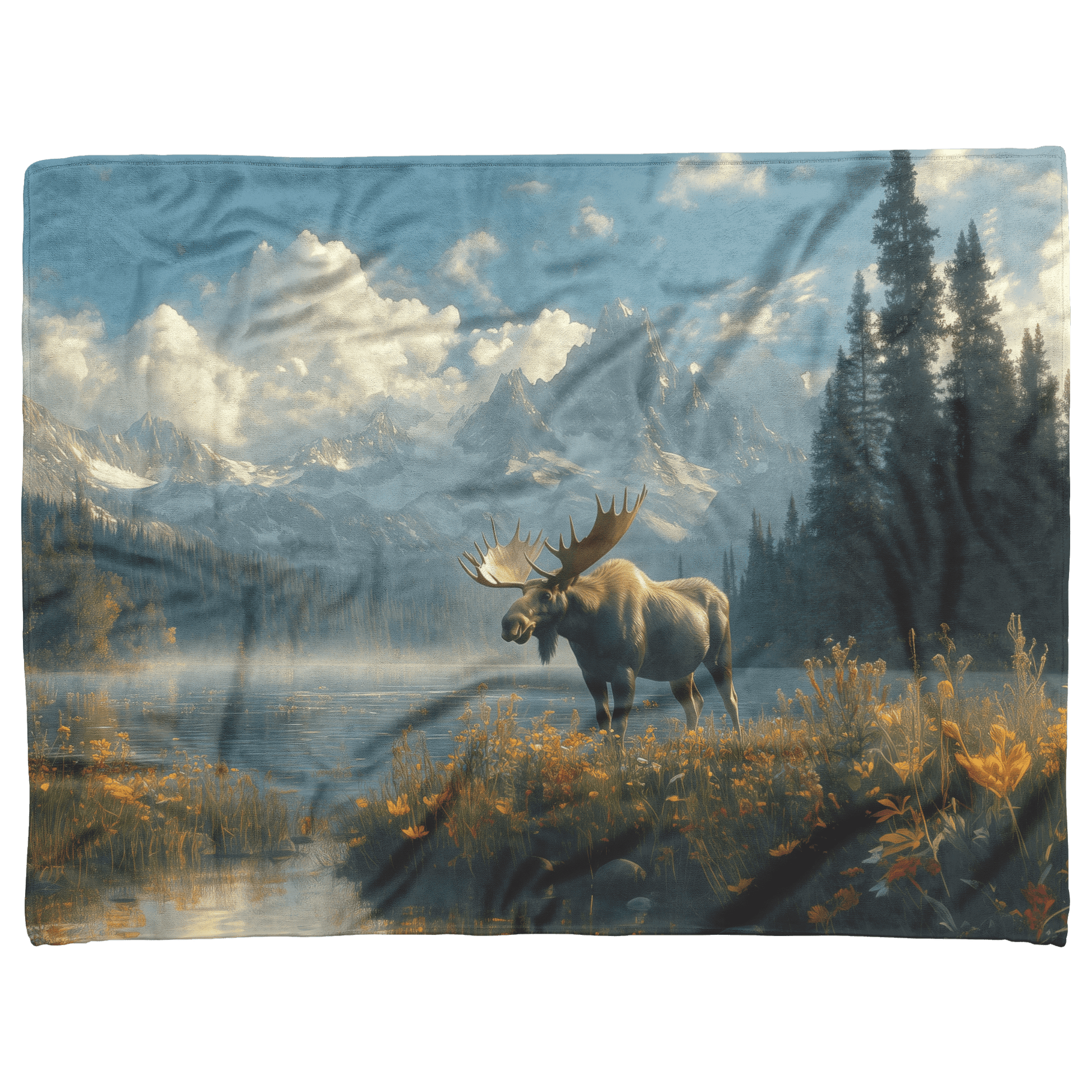 Moose Drinking From Glowing Mountain Lake Surrounded by Mist and Vibrant Wildflowers Under Twilight Sky Fleece Sherpa Blanket - Awakening Righteousness