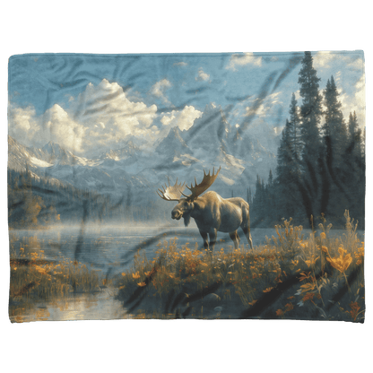 Moose Drinking From Glowing Mountain Lake Surrounded by Mist and Vibrant Wildflowers Under Twilight Sky Fleece Sherpa Blanket - Awakening Righteousness