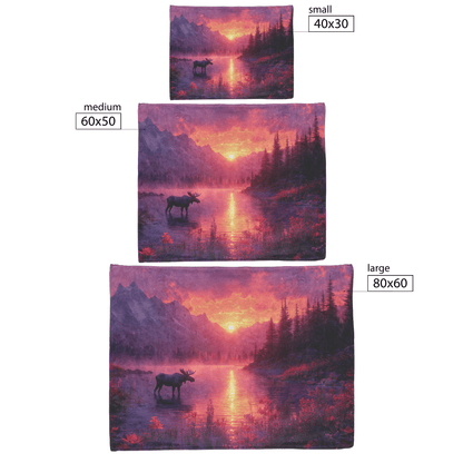 Moose Drinking From Glowing Mountain Lake Surrounded by Mist and Wildflowers Under Twilight Sky Fleece Sherpa Blanket - Awakening Righteousness
