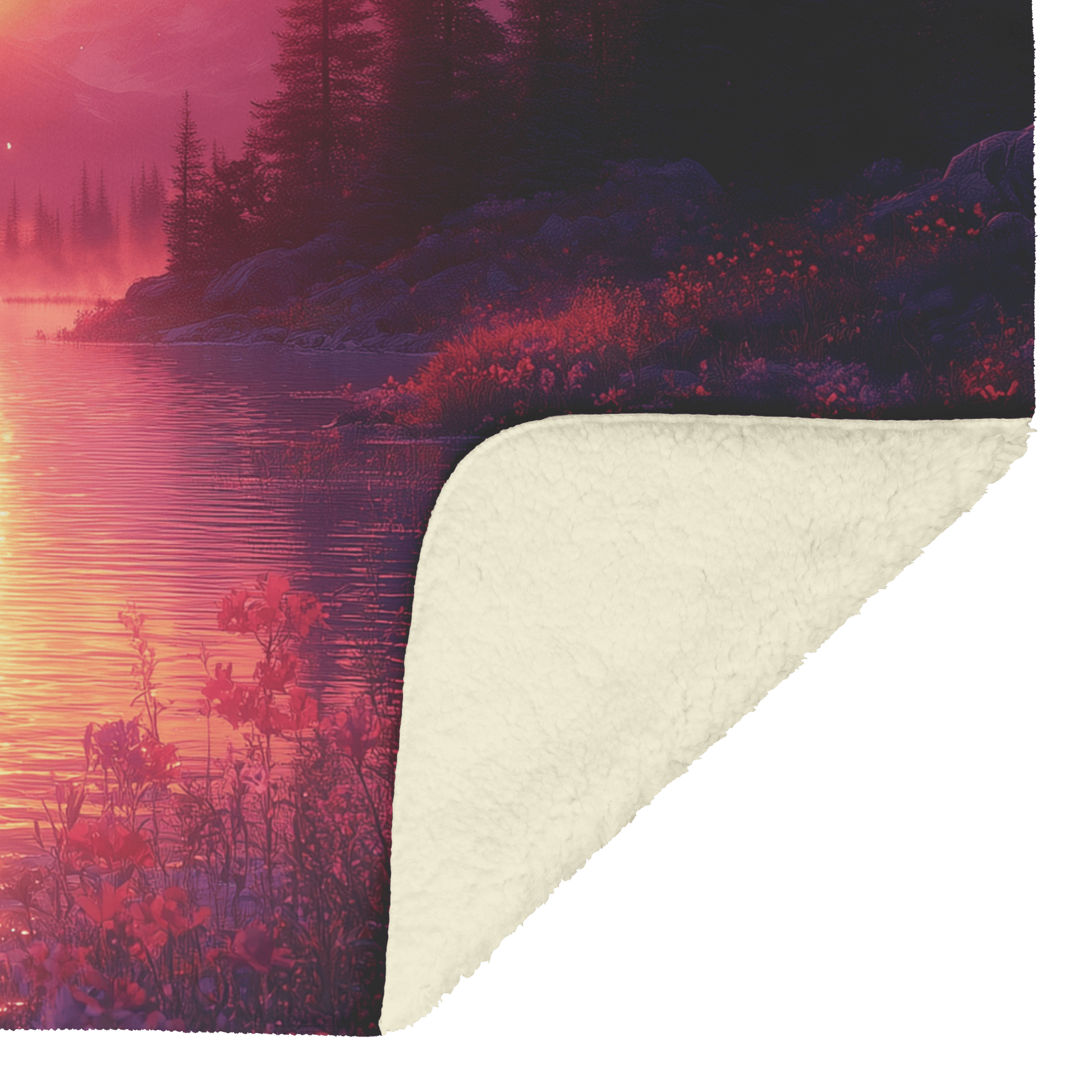 Moose Drinking From Glowing Mountain Lake Surrounded by Mist and Wildflowers Under Twilight Sky Fleece Sherpa Blanket - Awakening Righteousness