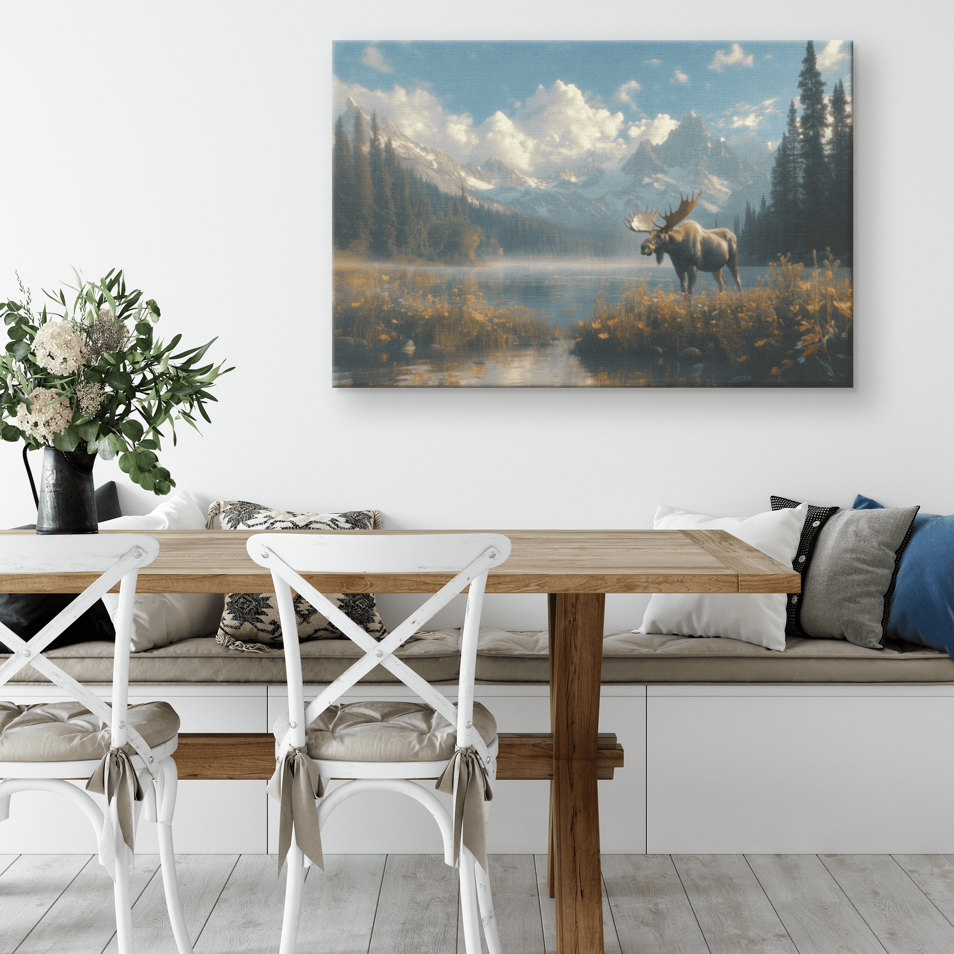 Moose Drinking From Glowing Mountain Lake With Mist Wildflowers And Twilight Sky Canvas Wall Art Decor - Awakening Righteousness