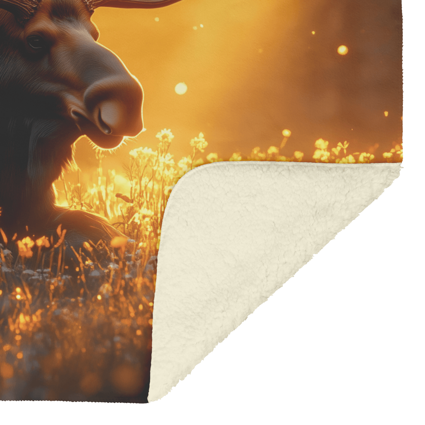Moose Resting in Meadow of Glowing Wildflowers Surrounded by Golden Mist With Sunlight Illuminating Antlers Fleece Sherpa Blanket - Awakening Righteousness