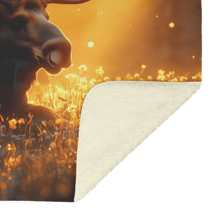 Moose Resting in Meadow of Glowing Wildflowers Surrounded by Golden Mist With Sunlight Illuminating Antlers Fleece Sherpa Blanket - Awakening Righteousness