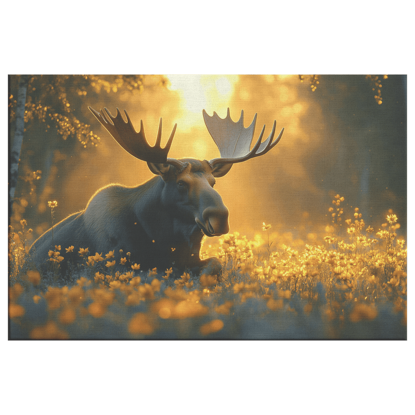Moose Resting In Meadow Of Glowing Wildflowers With Golden Mist And Sunlit Antlers Canvas Wall Art Decor - Awakening Righteousness