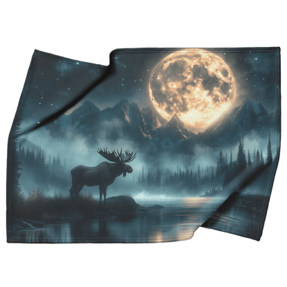 Moose Silhouetted Against Glowing Full Moon on Misty Mountain Ridge With Antlers Highlighted by Moonlight Fleece Sherpa Blanket - Awakening Righteousness