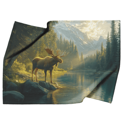 Moose Standing Beside Glowing Crystal Clear River Surrounded by Lush Forest and Golden Sunlight Fleece Sherpa Blanket - Awakening Righteousness