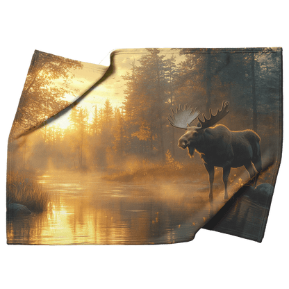 Moose Standing Beside Glowing Crystal Clear River Surrounded by Lush Forest and Golden Sunlight Fleece Sherpa Blanket - Awakening Righteousness