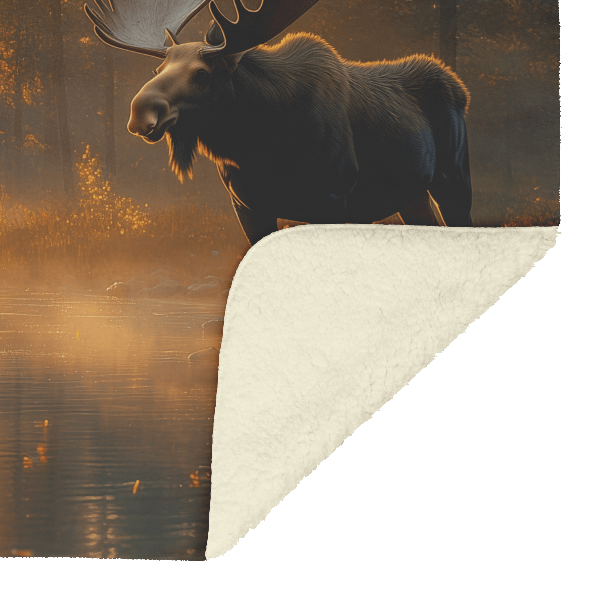 Moose Standing Beside Glowing Crystal Clear River Surrounded by Lush Forest and Golden Sunlight Fleece Sherpa Blanket - Awakening Righteousness