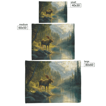 Moose Standing Beside Glowing Crystal Clear River Surrounded by Lush Forest and Golden Sunlight Fleece Sherpa Blanket - Awakening Righteousness
