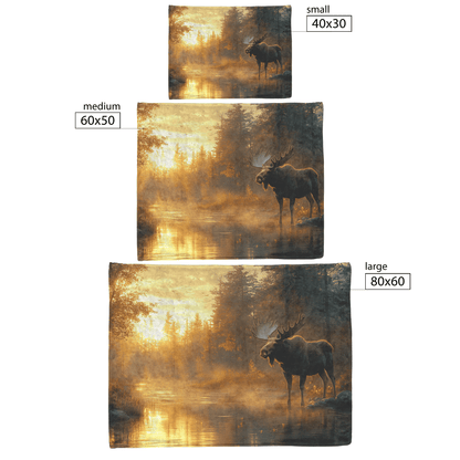 Moose Standing Beside Glowing Crystal Clear River Surrounded by Lush Forest and Golden Sunlight Fleece Sherpa Blanket - Awakening Righteousness