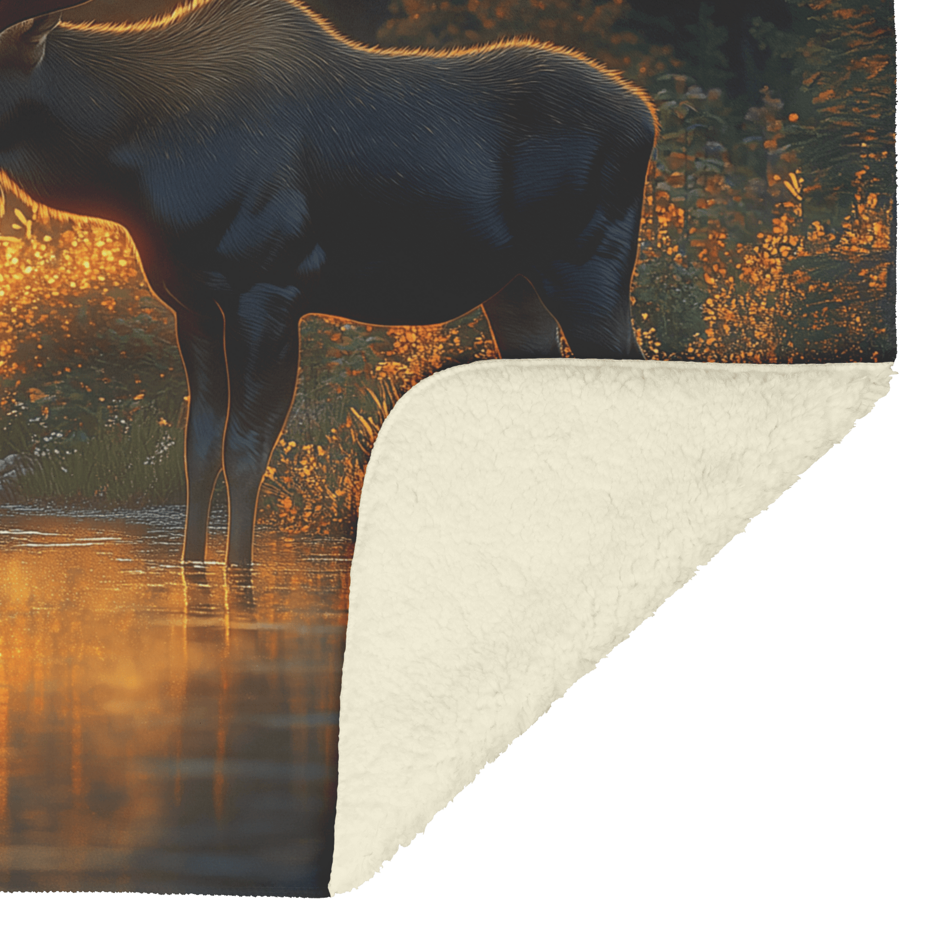 Moose Standing Beside Glowing Crystal Clear River Surrounded by Lush Forest and Golden Sunlight Fleece Sherpa Blanket - Awakening Righteousness