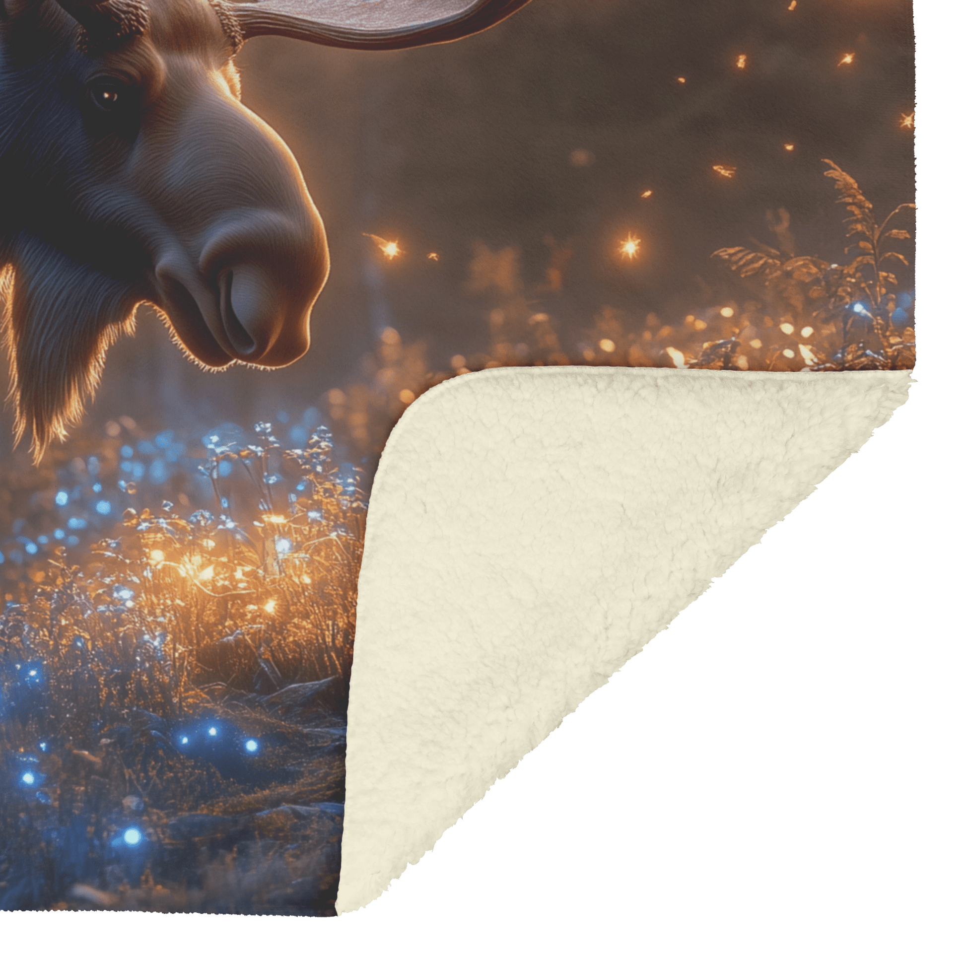 Moose Standing on Mossy Forest Trail Surrounded by Bioluminescent Plants and Fireflies Under Twilight Sky Fleece Sherpa Blanket - Awakening Righteousness