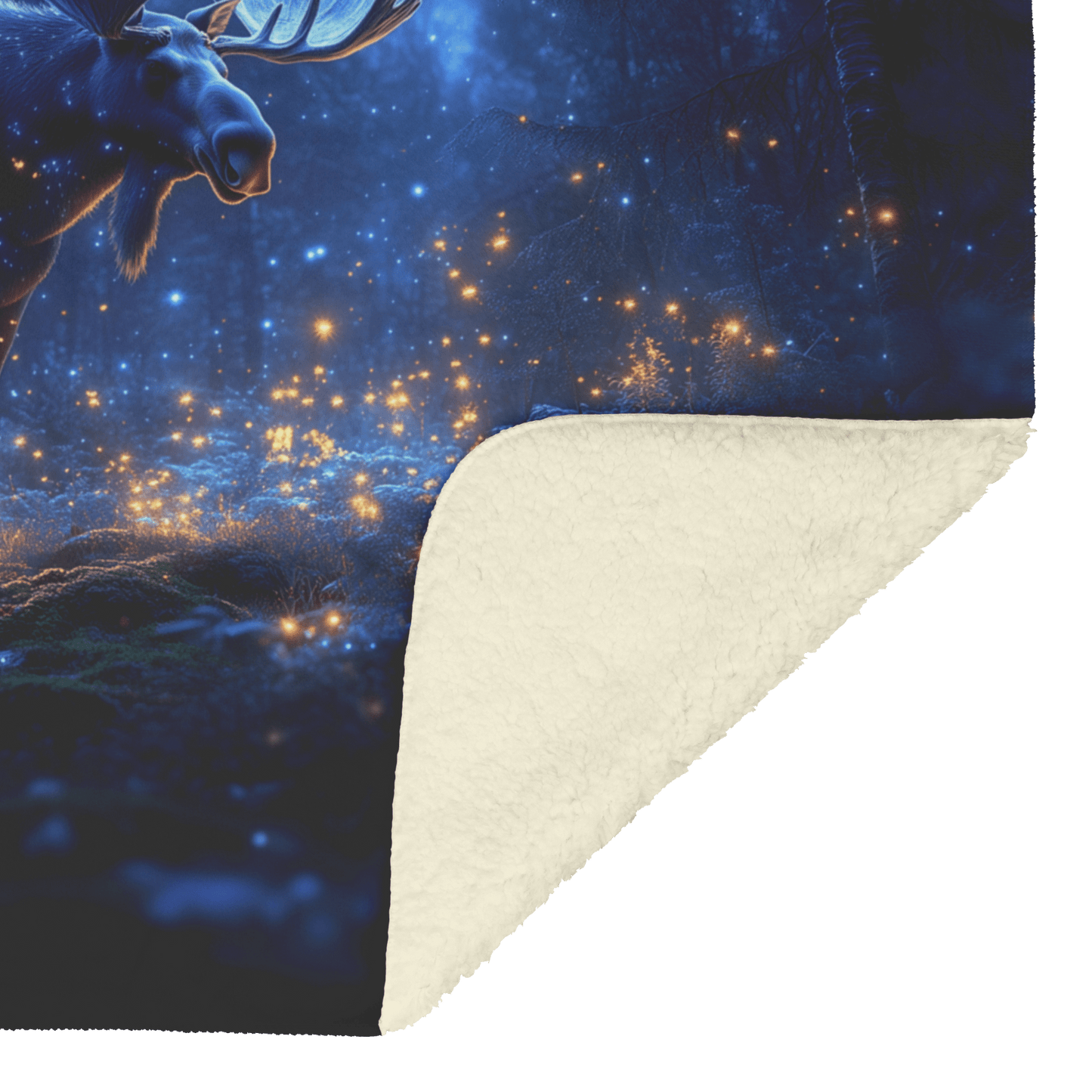 Moose Standing on Mossy Forest Trail Surrounded by Bioluminescent Plants and Glowing Fireflies Under Twilight Sky Fleece Sherpa Blanket - Awakening Righteousness