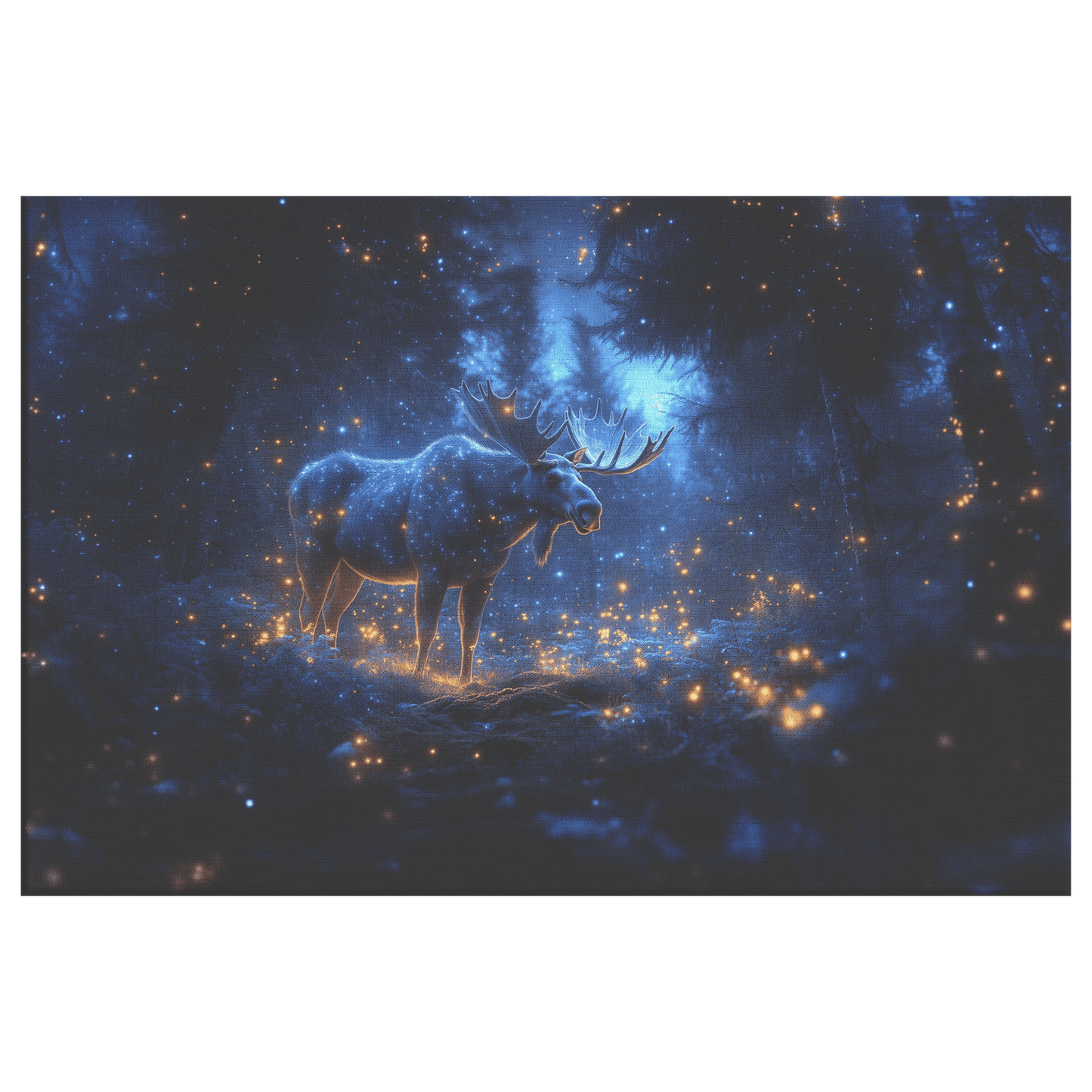 Moose Standing On Mossy Forest Trail With Bioluminescent Plants And Fireflies Under Twilight Sky Canvas Wall Art Decor - Awakening Righteousness