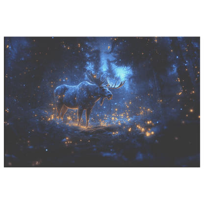 Moose Standing On Mossy Forest Trail With Bioluminescent Plants And Fireflies Under Twilight Sky Canvas Wall Art Decor - Awakening Righteousness