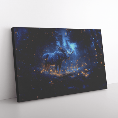 Moose Standing On Mossy Forest Trail With Bioluminescent Plants And Fireflies Under Twilight Sky Canvas Wall Art Decor - Awakening Righteousness