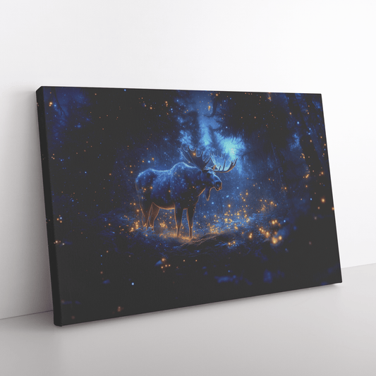Moose Standing On Mossy Forest Trail With Bioluminescent Plants And Fireflies Under Twilight Sky Canvas Wall Art Decor - Awakening Righteousness