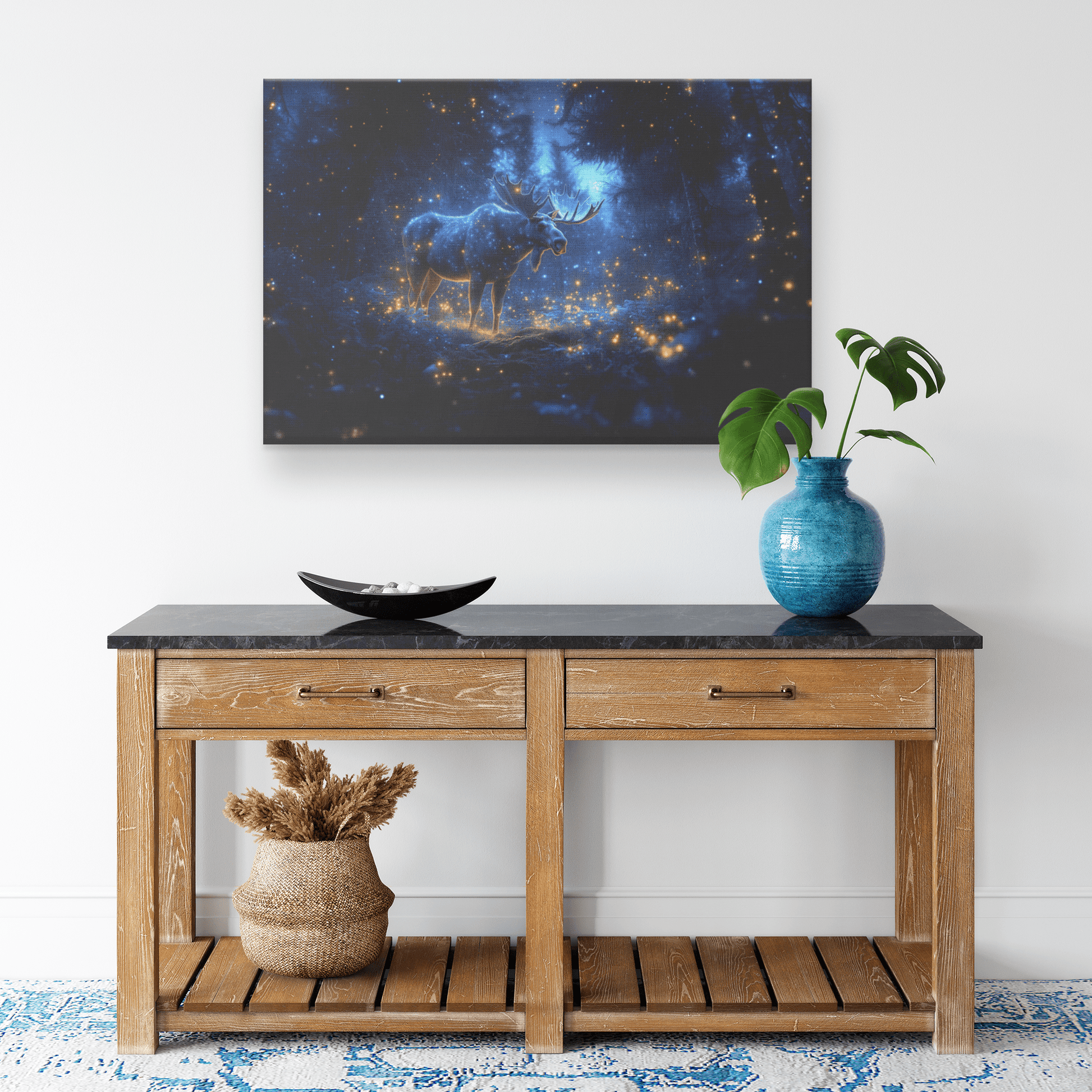 Moose Standing On Mossy Forest Trail With Bioluminescent Plants And Fireflies Under Twilight Sky Canvas Wall Art Decor - Awakening Righteousness