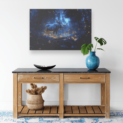 Moose Standing On Mossy Forest Trail With Bioluminescent Plants And Fireflies Under Twilight Sky Canvas Wall Art Decor - Awakening Righteousness