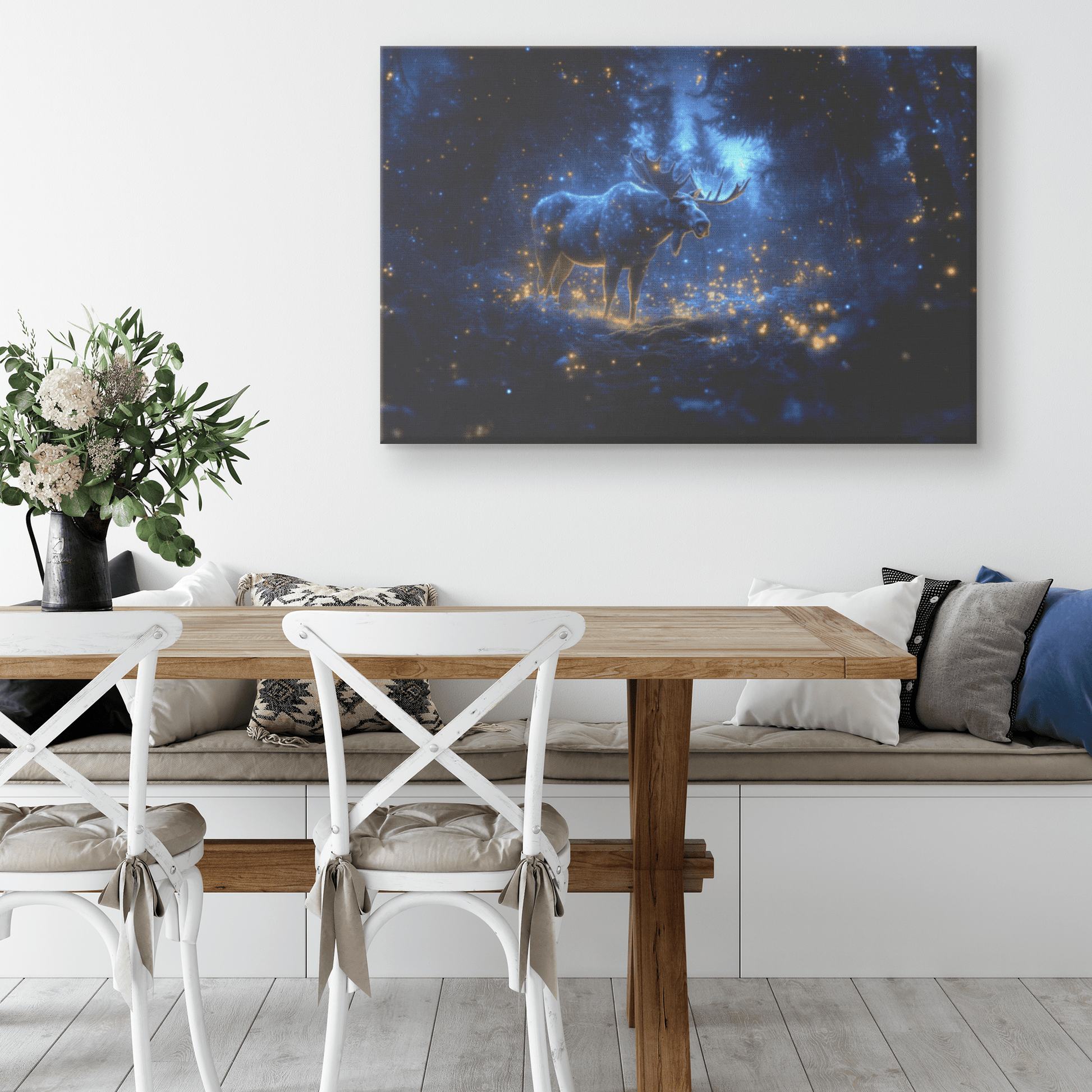 Moose Standing On Mossy Forest Trail With Bioluminescent Plants And Fireflies Under Twilight Sky Canvas Wall Art Decor - Awakening Righteousness