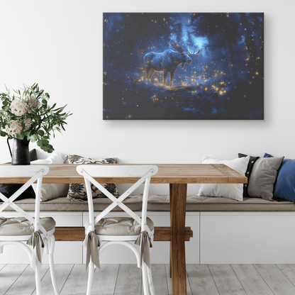 Moose Standing On Mossy Forest Trail With Bioluminescent Plants And Fireflies Under Twilight Sky Canvas Wall Art Decor - Awakening Righteousness