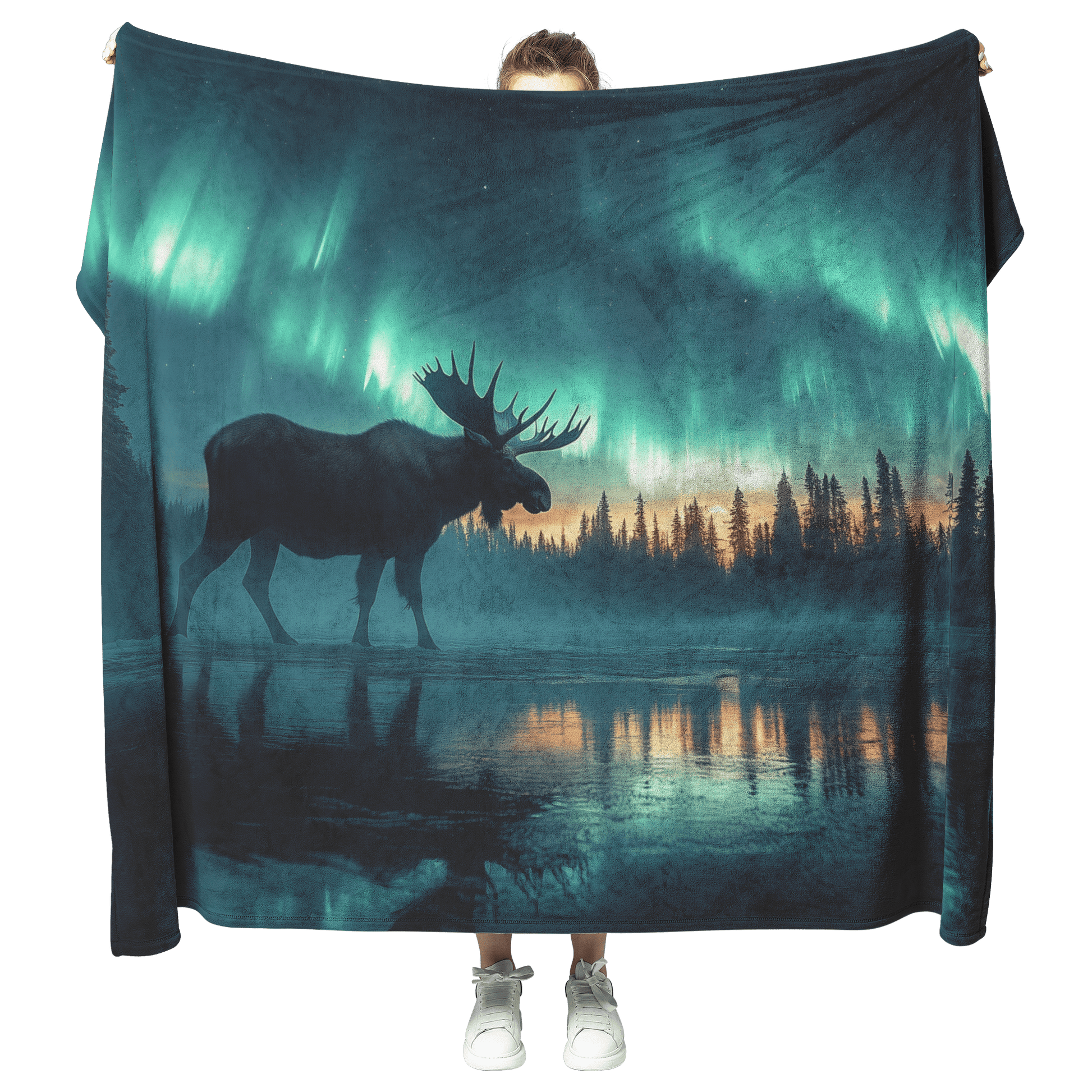 Moose Walking Across Frozen Lake Under Glowing Aurora Borealis Sky With Antler Reflections on Icy Surface Fleece Sherpa Blanket - Awakening Righteousness