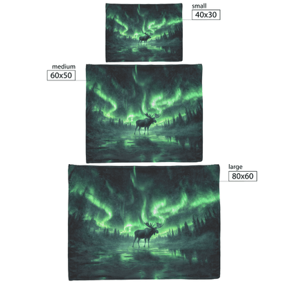 Moose Walking Across Frozen Lake Under Glowing Aurora Borealis Sky With Antler Reflections on Icy Surface Fleece Sherpa Blanket - Awakening Righteousness