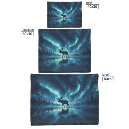 Moose Walking Across Frozen Lake Under Glowing Aurora Borealis With Antler Reflections on Icy Surface Fleece Sherpa Blanket - Awakening Righteousness