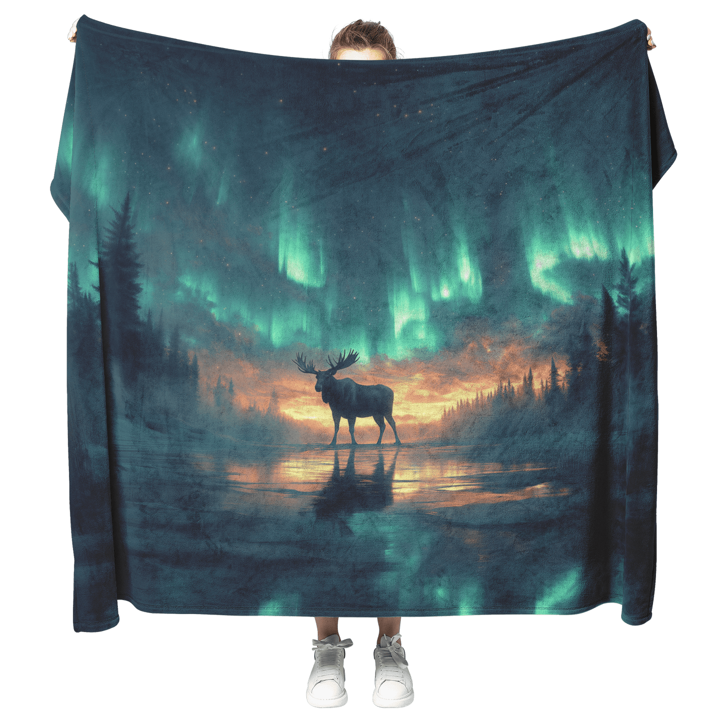 Moose Walking Across Frozen Lake Under Glowing Aurora Borealis With Antler Reflections on Icy Surface Fleece Sherpa Blanket - Awakening Righteousness