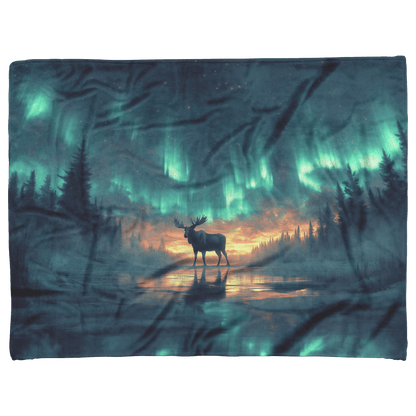 Moose Walking Across Frozen Lake Under Glowing Aurora Borealis With Antler Reflections on Icy Surface Fleece Sherpa Blanket - Awakening Righteousness