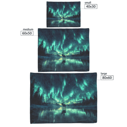 Moose Walking Across Frozen Lake Under Glowing Aurora Borealis With Antler Reflections on Icy Surface Fleece Sherpa Blanket - Awakening Righteousness