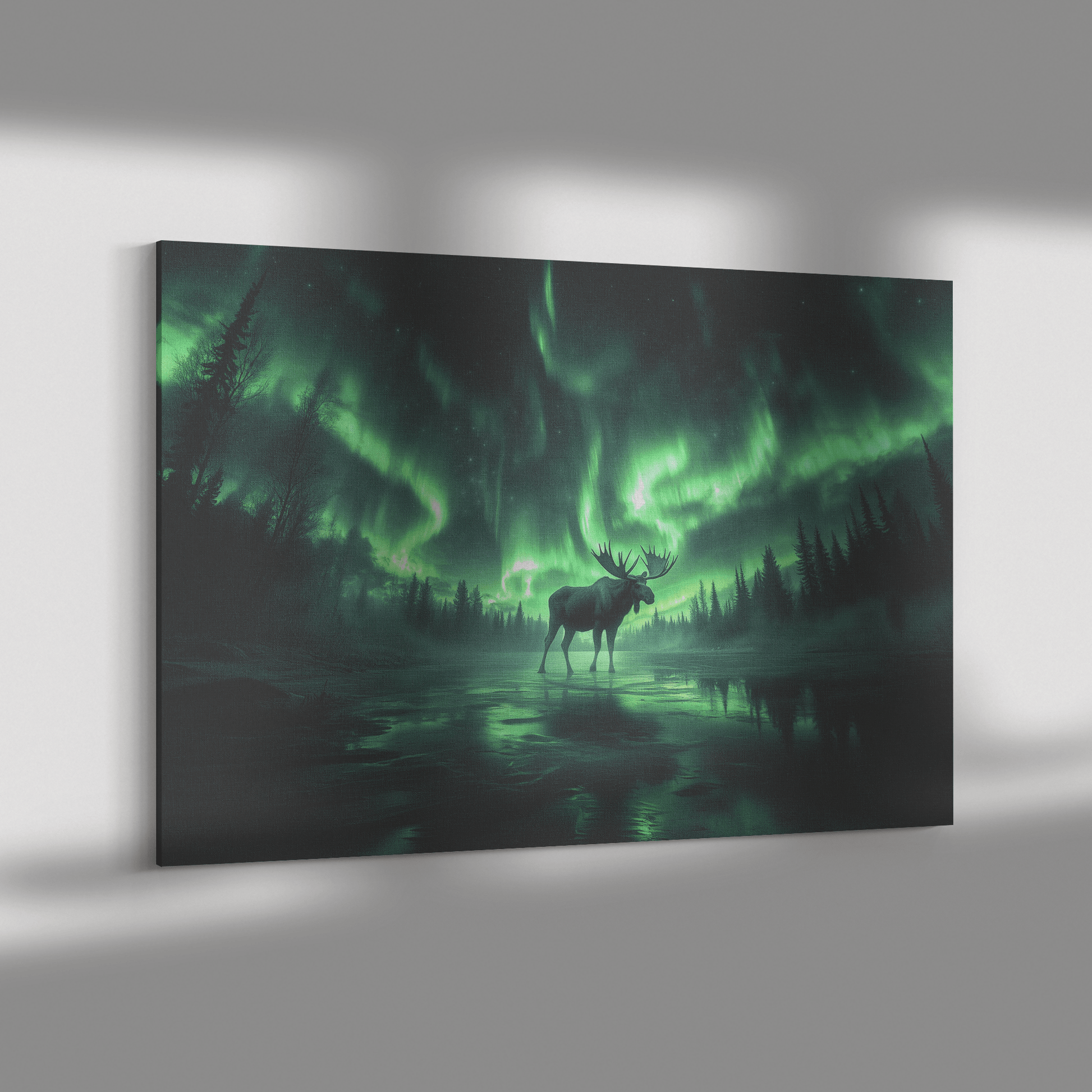 Moose Walking Across Frozen Lake With Aurora Borealis Sky And Antler Reflections On Icy Surface Canvas Wall Art Decor - Awakening Righteousness