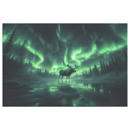 Moose Walking Across Frozen Lake With Aurora Borealis Sky And Antler Reflections On Icy Surface Canvas Wall Art Decor - Awakening Righteousness