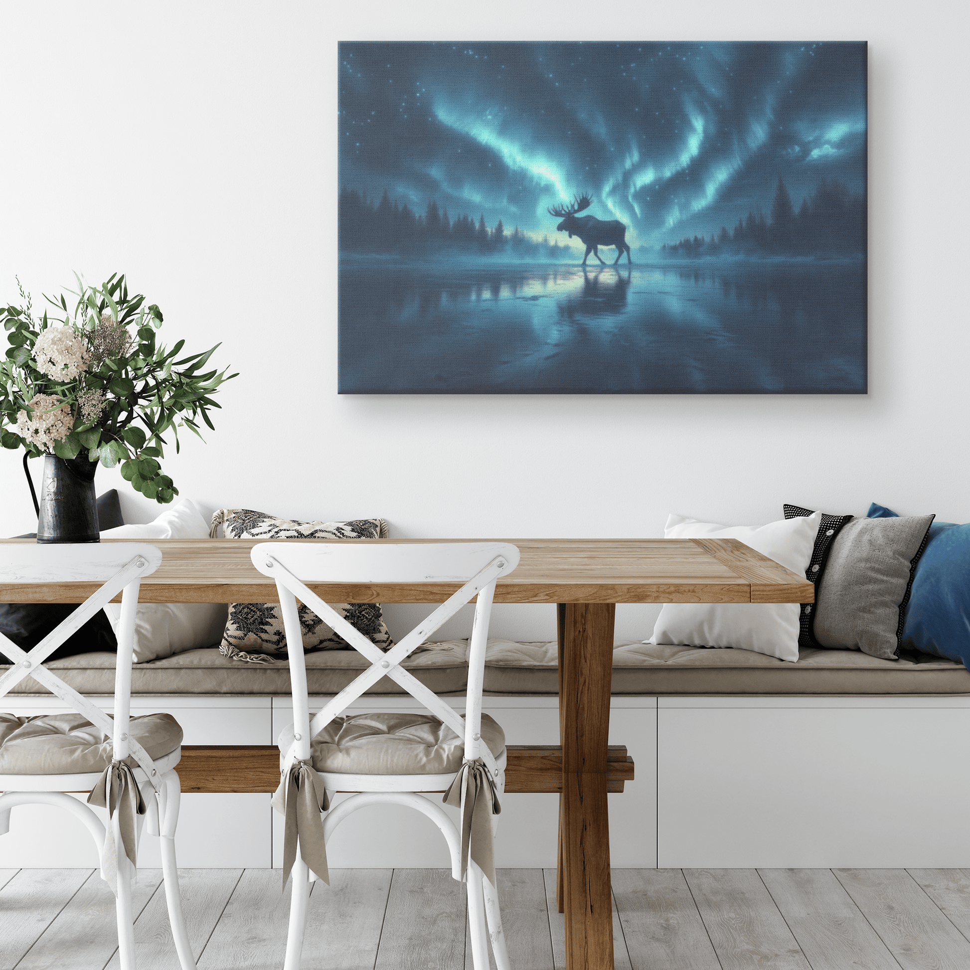 Moose Walking On Frozen Lake With Aurora Borealis Sky And Antler Reflections On Icy Surface Canvas Wall Art Decor - Awakening Righteousness