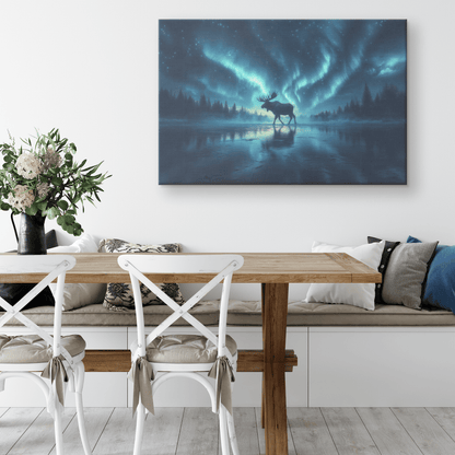 Moose Walking On Frozen Lake With Aurora Borealis Sky And Antler Reflections On Icy Surface Canvas Wall Art Decor - Awakening Righteousness