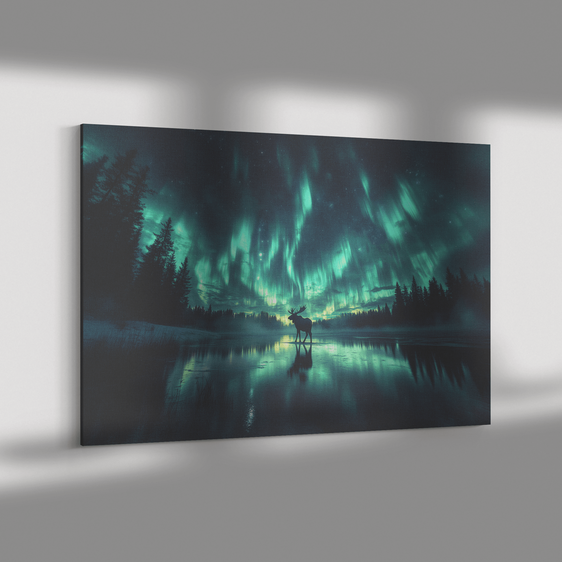 Moose Walking On Frozen Lake With Aurora Borealis Sky And Antler Reflections On Icy Surface Canvas Wall Art Decor - Awakening Righteousness