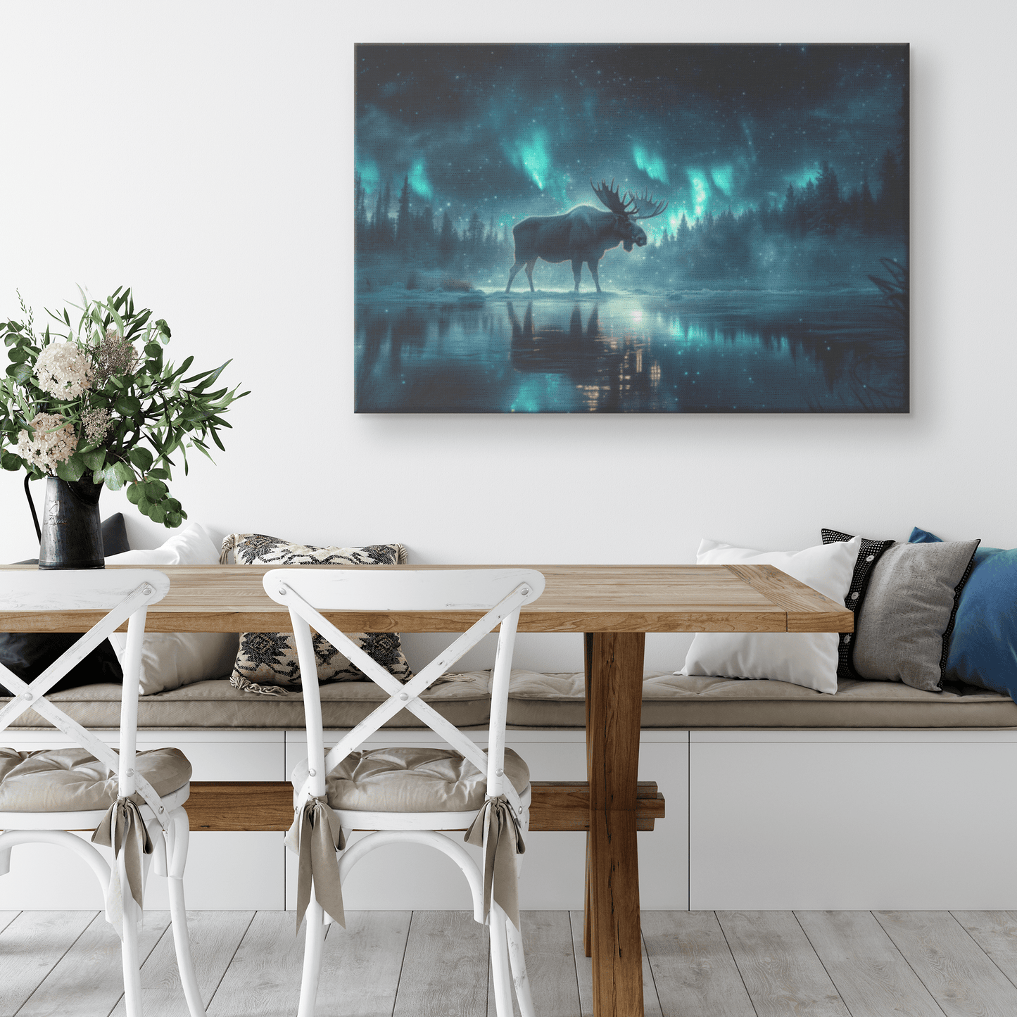 Moose Walking On Frozen Lake With Aurora Borealis Sky And Antler Reflections On Icy Surface Canvas Wall Art Decor - Awakening Righteousness