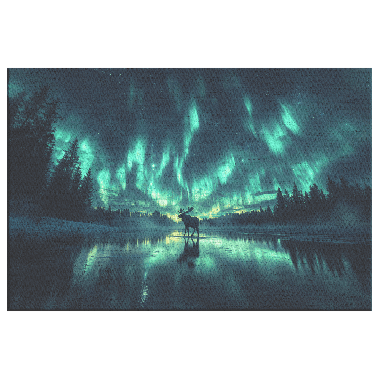 Moose Walking On Frozen Lake With Aurora Borealis Sky And Antler Reflections On Icy Surface Canvas Wall Art Decor - Awakening Righteousness