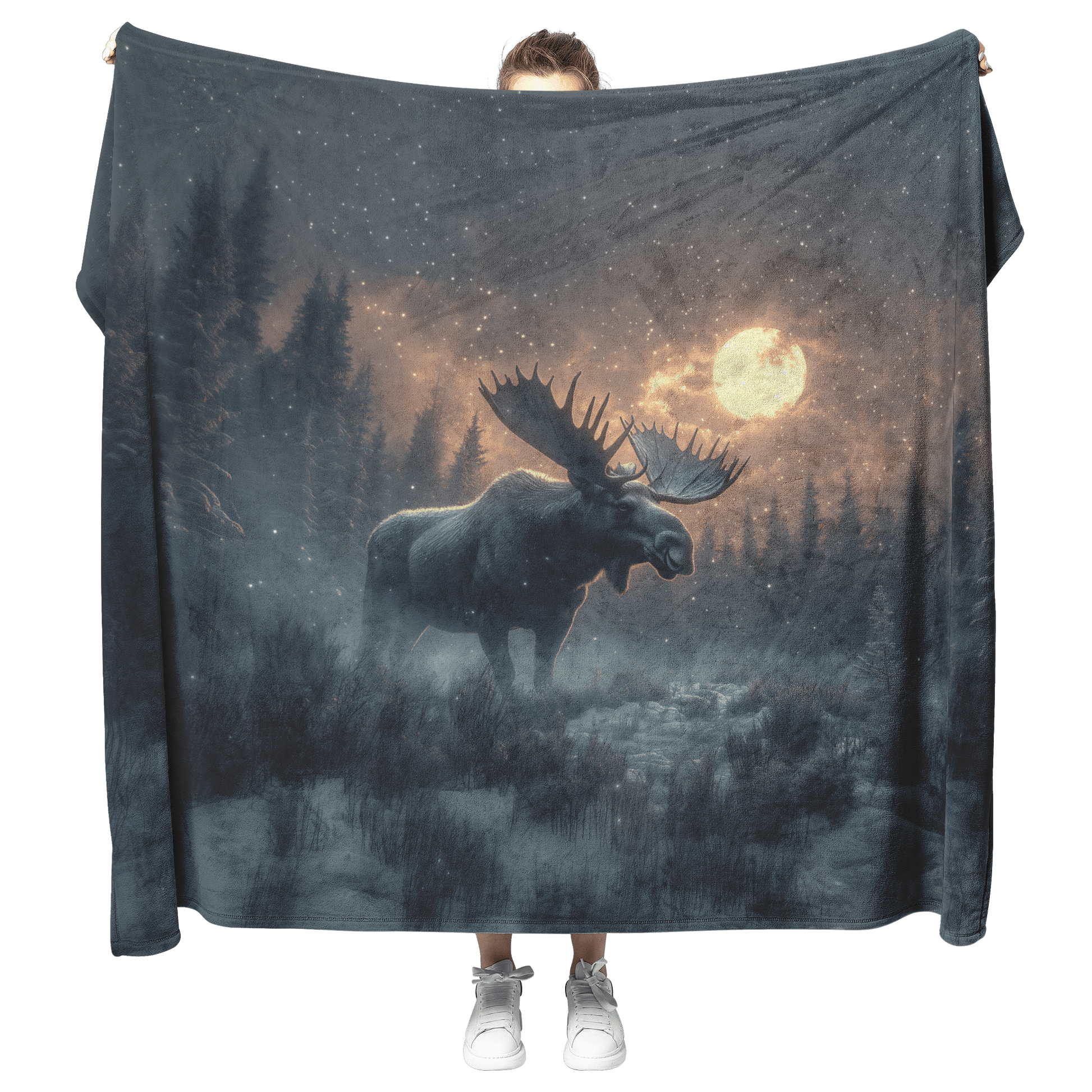 Moose Walking Through Glowing Snowy Forest Surrounded by Frost Covered Trees Under Soft Moonlight Fleece Sherpa Blanket - Awakening Righteousness
