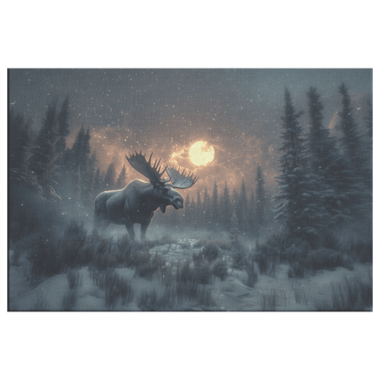 Moose Walking Through Glowing Snowy Forest With Frost Covered Trees Under Moonlight Canvas Wall Art Decor - Awakening Righteousness