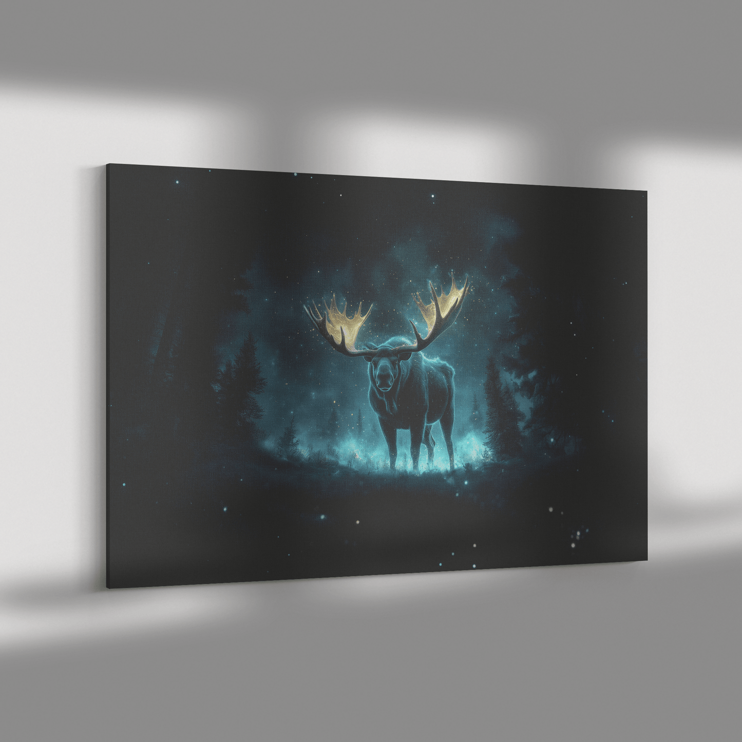 Moose With Glowing Antlers In Bioluminescent Forest Surrounded By Blue And Green Light Canvas Wall Art Decor - Awakening Righteousness