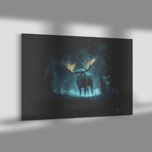 Moose With Glowing Antlers In Bioluminescent Forest Surrounded By Blue And Green Light Canvas Wall Art Decor - Awakening Righteousness