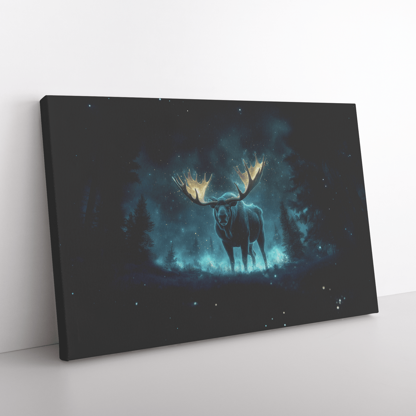 Moose With Glowing Antlers In Bioluminescent Forest Surrounded By Blue And Green Light Canvas Wall Art Decor - Awakening Righteousness